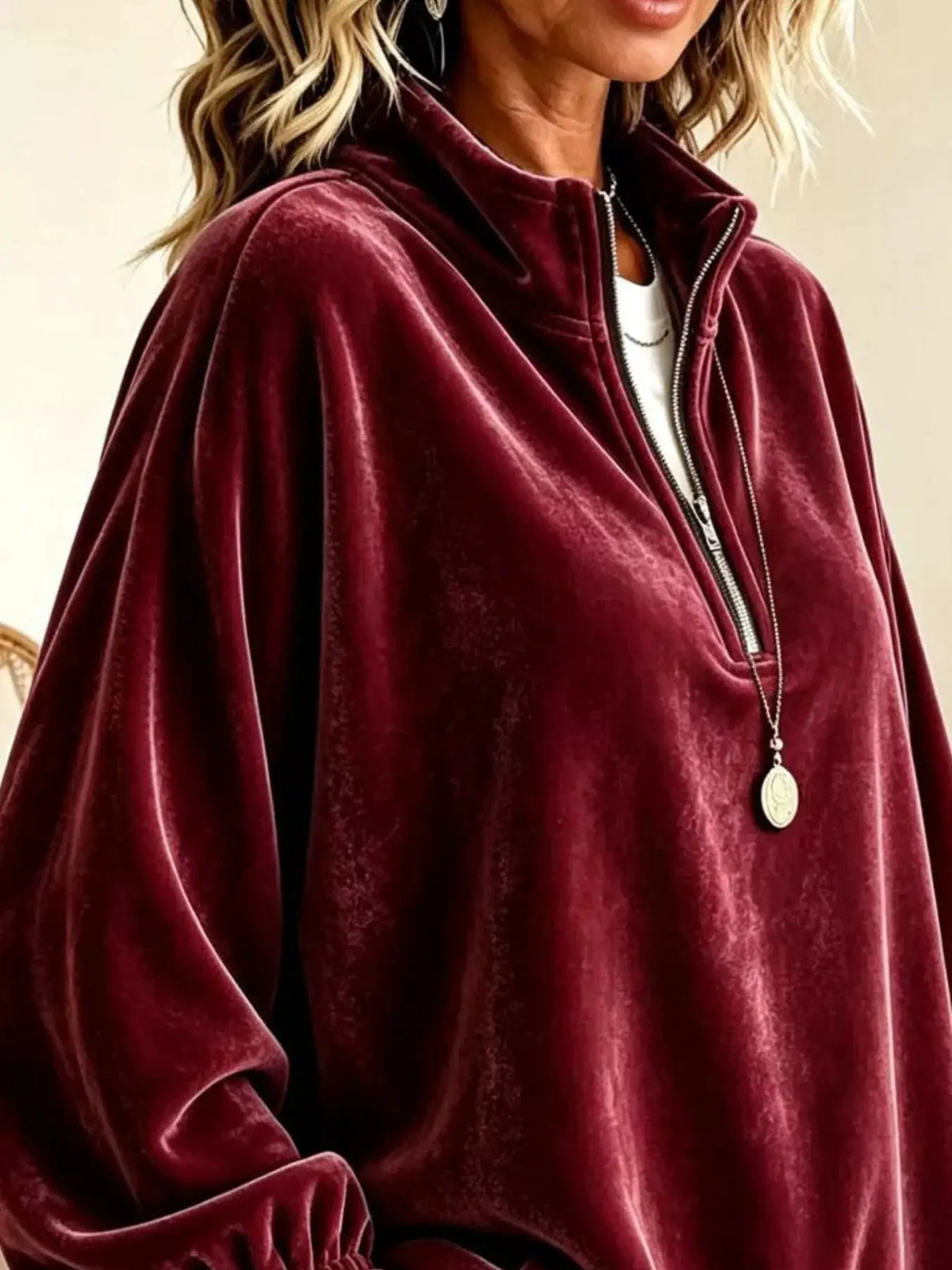 Velvet Quarter-Zip Sweatshirt with Ruffled Cuffs by Trendsi