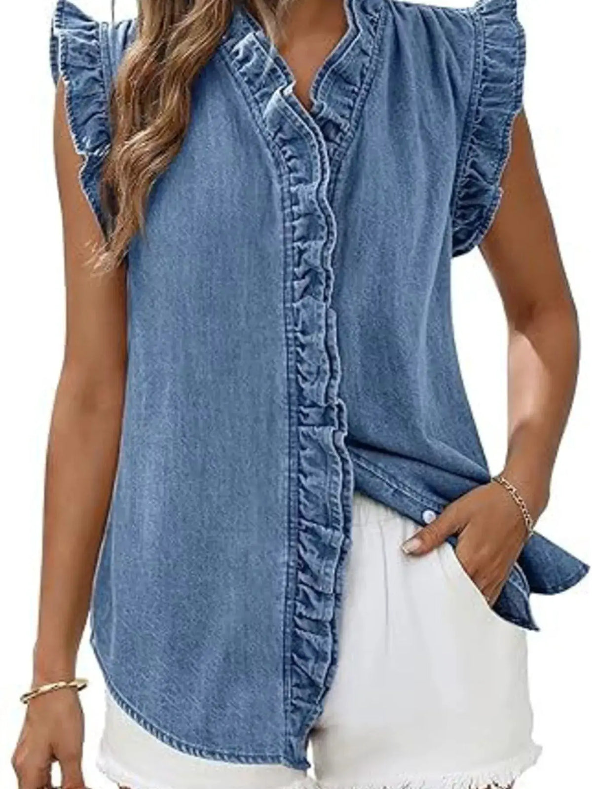 Ruffle Trim V-Neck Sleeveless Denim Top by Trendsi