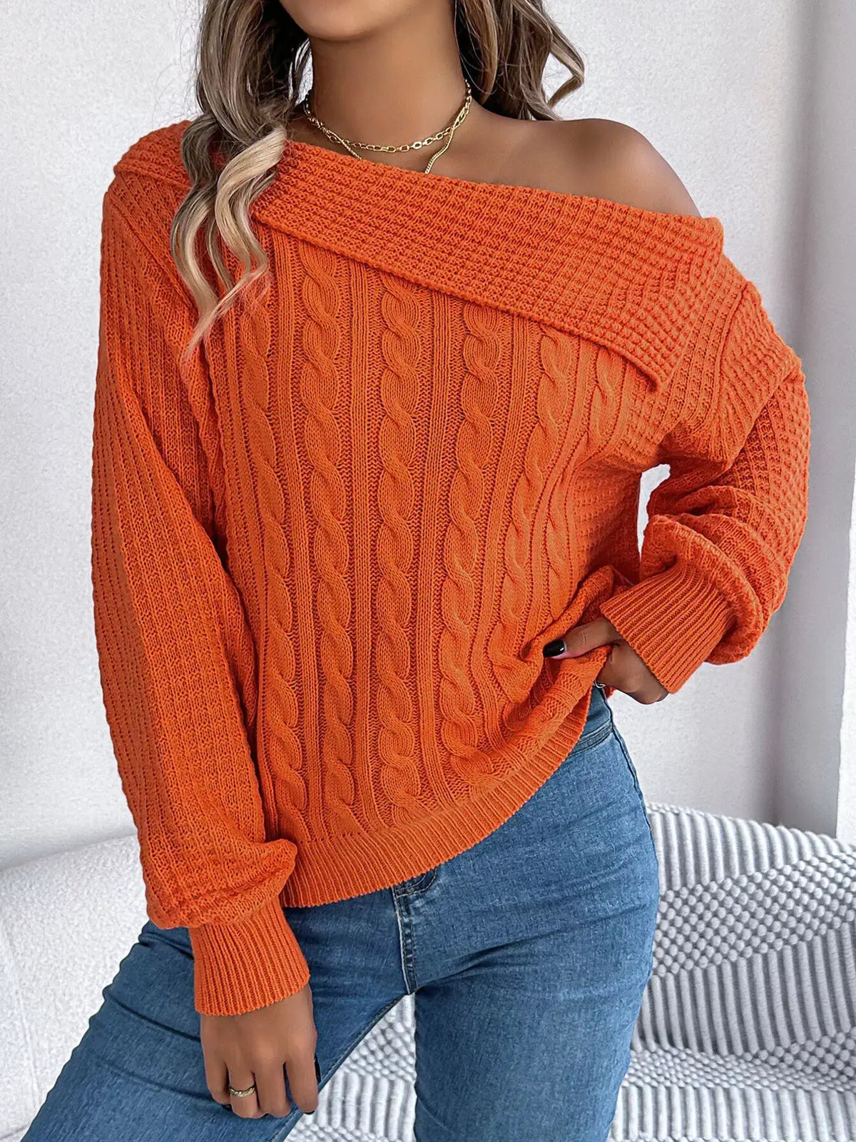 One Shoulder Cable Knit Sweater by Trendsi