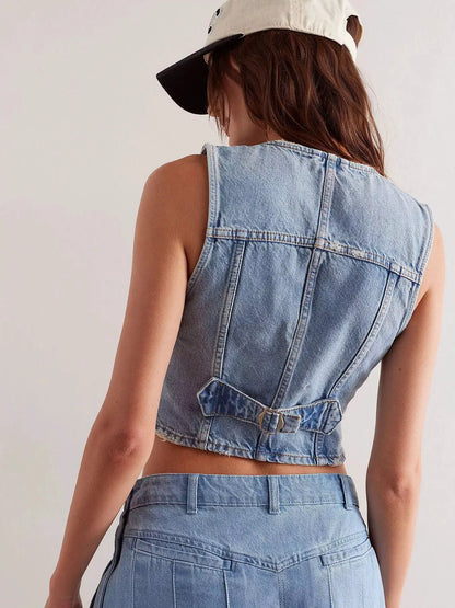 Acid Wash Button Front V-Neck Sleeveless Cropped Denim Vest by Trendsi
