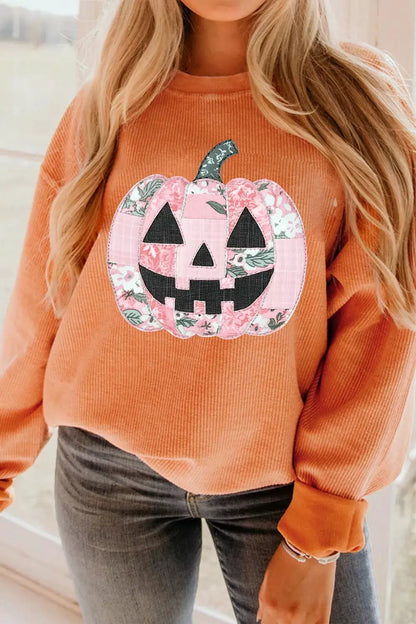 Patchwork Pumpkin Graphic Corded Ribbed Round Neck Tunic Sweatshirt by Trendsi