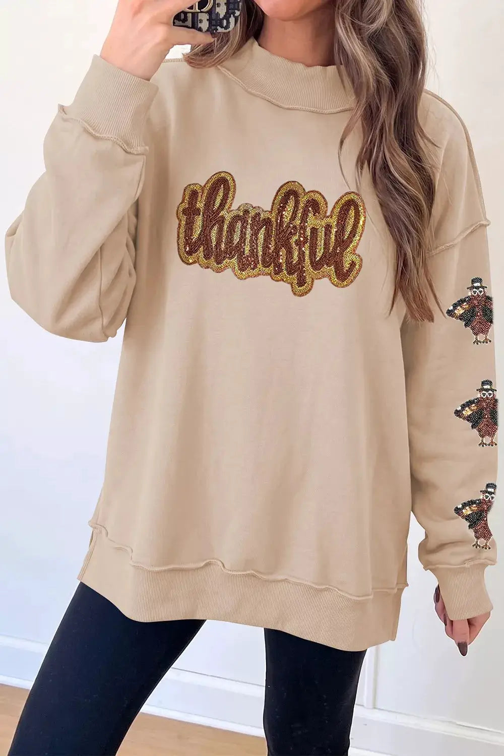 Thankful Sequin Mock Neck Sweatshirt by Trendsi