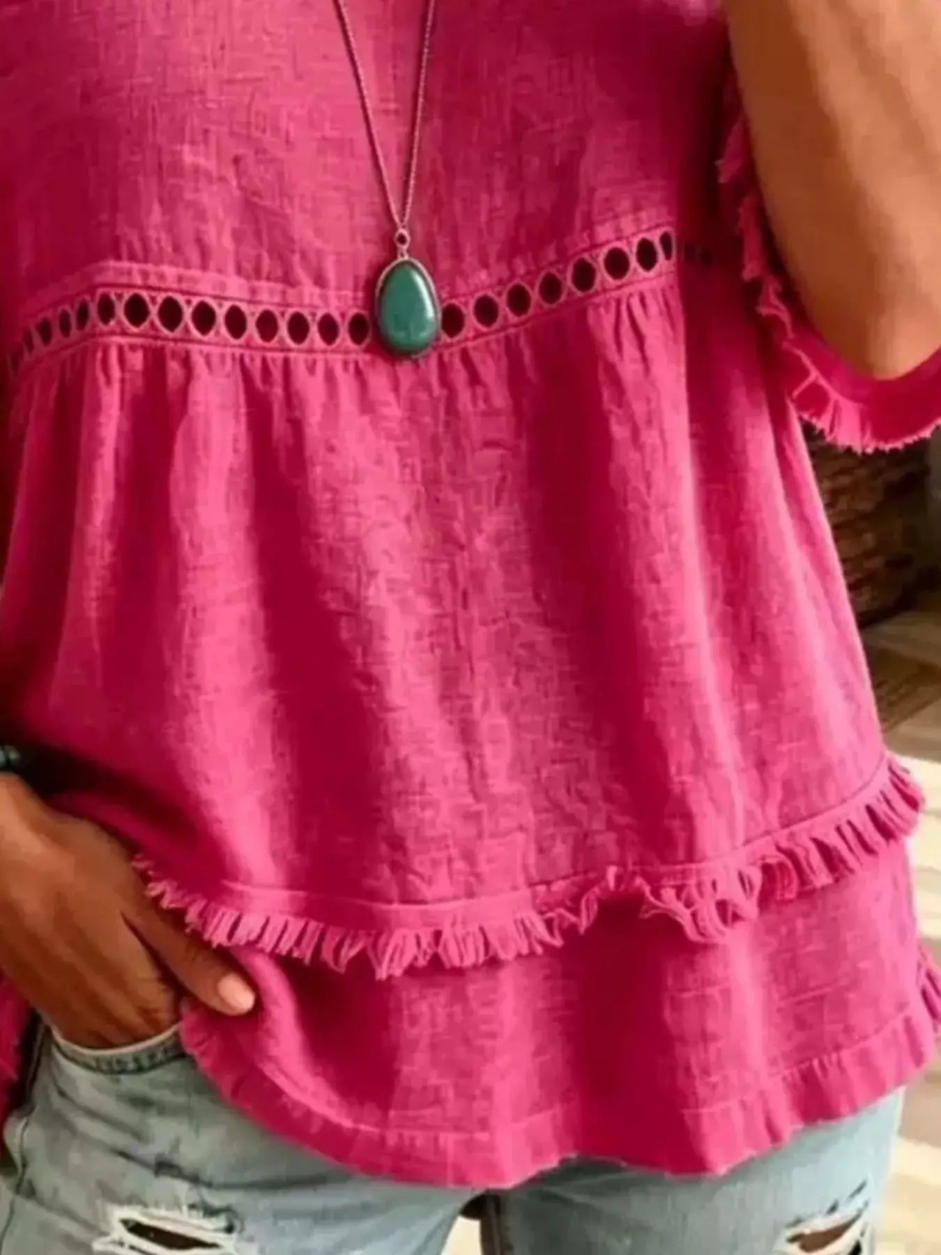 Eyelet V-Neck Frayed Edge T-Shirt by Trendsi