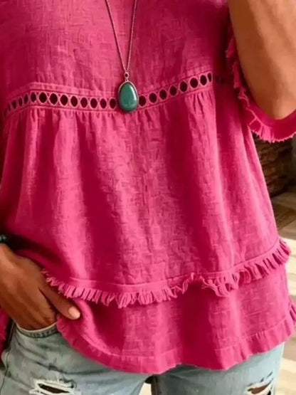 Eyelet V-Neck Frayed Edge T-Shirt by Trendsi
