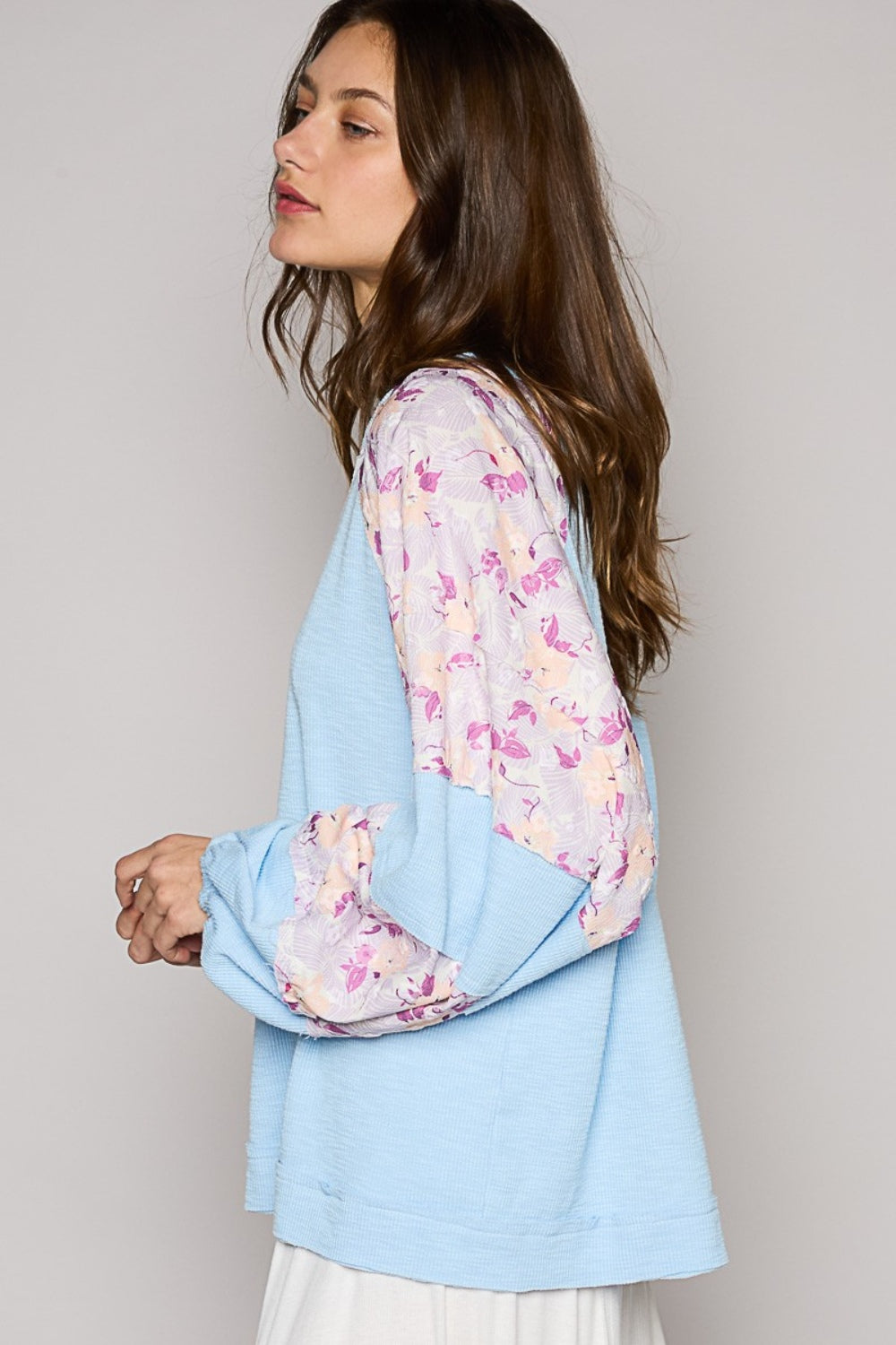 POL Round Neck Balloon Floral Long Sleeve Top