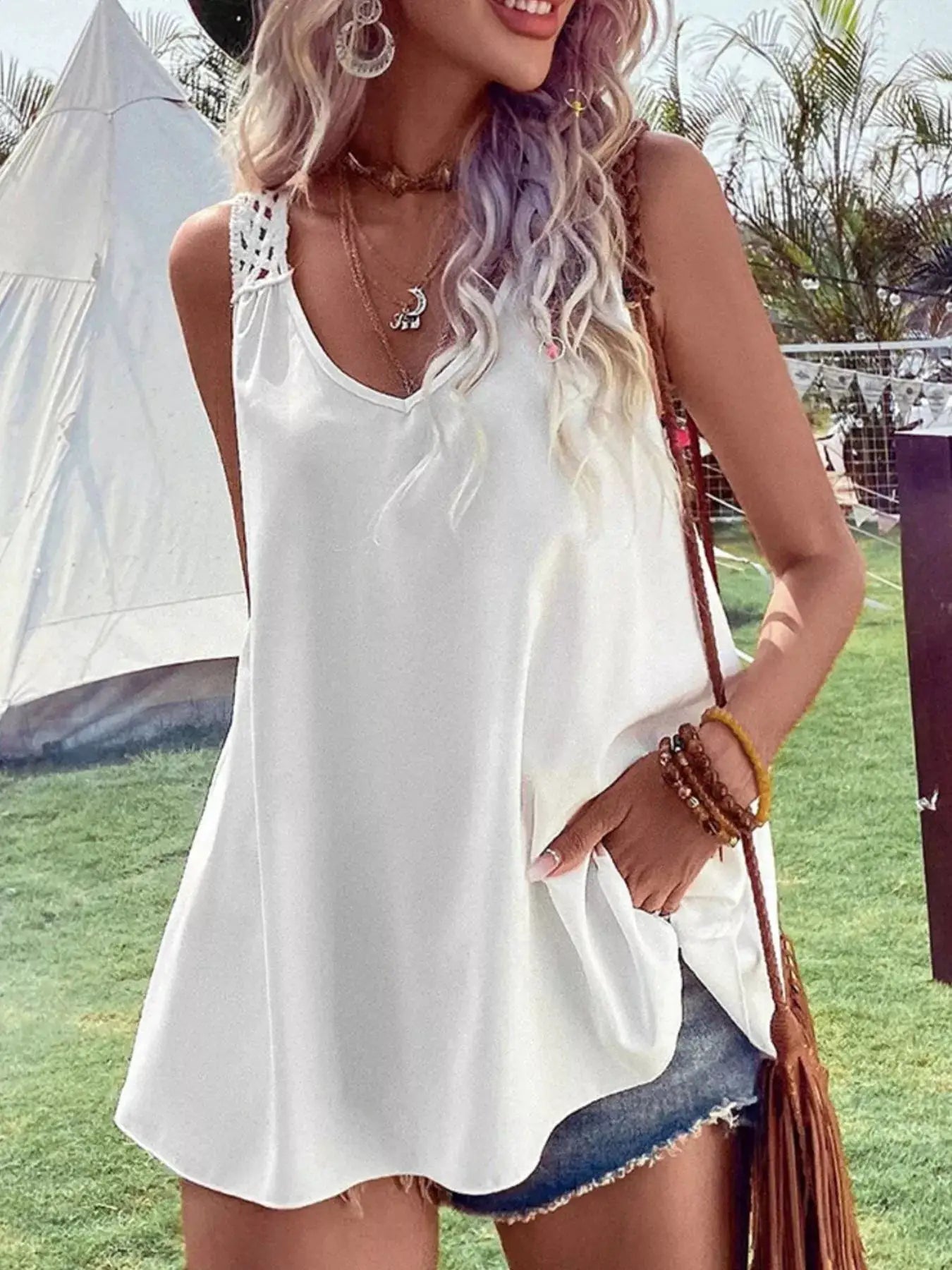 Crochet V-Neck Tank Top by Trendsi