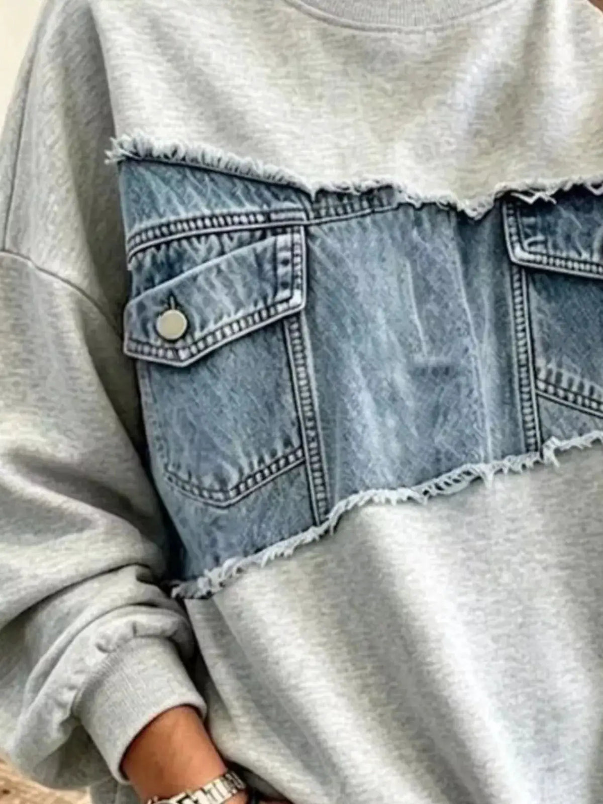 Full Size Denim Patchwork Dropped Shoulder Sweatshirt Plus Size by Trendsi