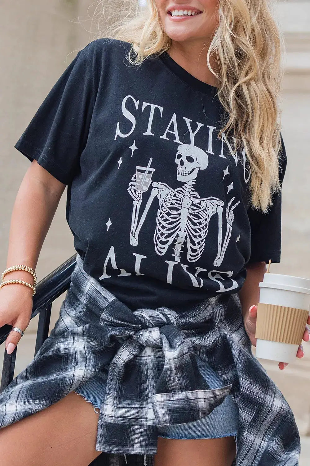 STAYING ALIVE Funny Skeleton Graphic Round Neck T Shirt by Trendsi