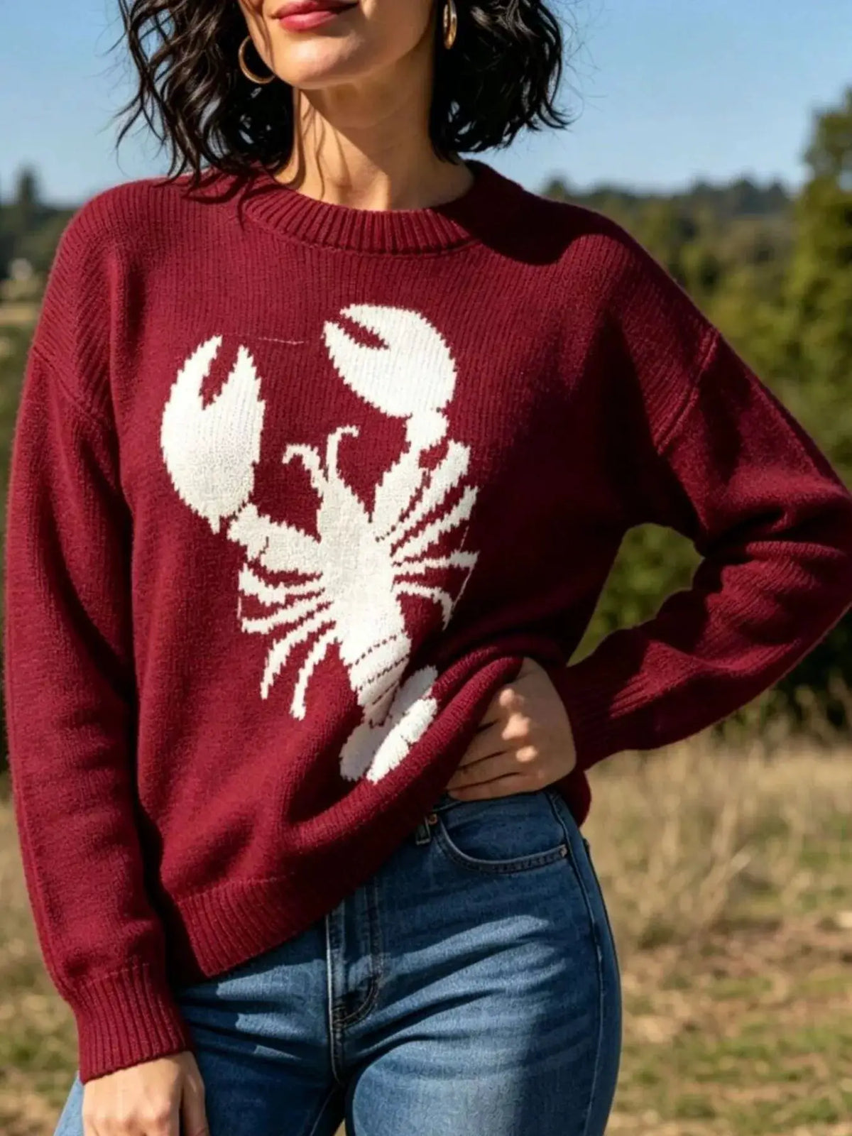Lobster Graphic Crew Neck Sweater by Trendsi