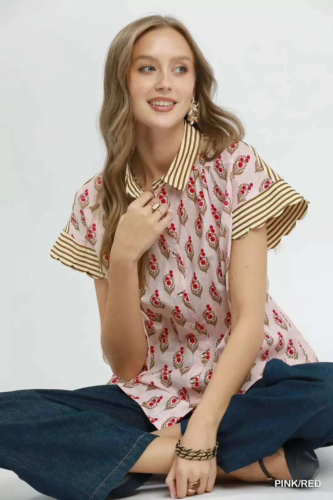Umgee Block Print Button-Front Shirt with Contrast Stripe Point Collar by Trendsi