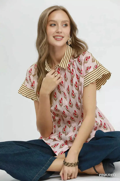 Umgee Block Print Button-Front Shirt with Contrast Stripe Point Collar by Trendsi