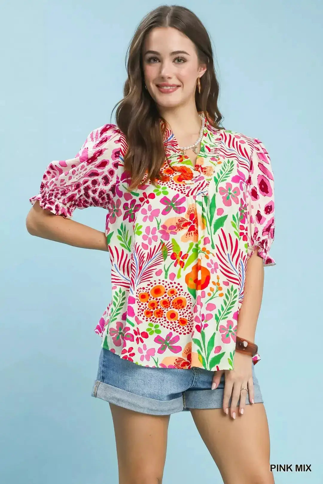 Umgee V-Neck Ruffle Trim Puff Sleeve Top by Trendsi
