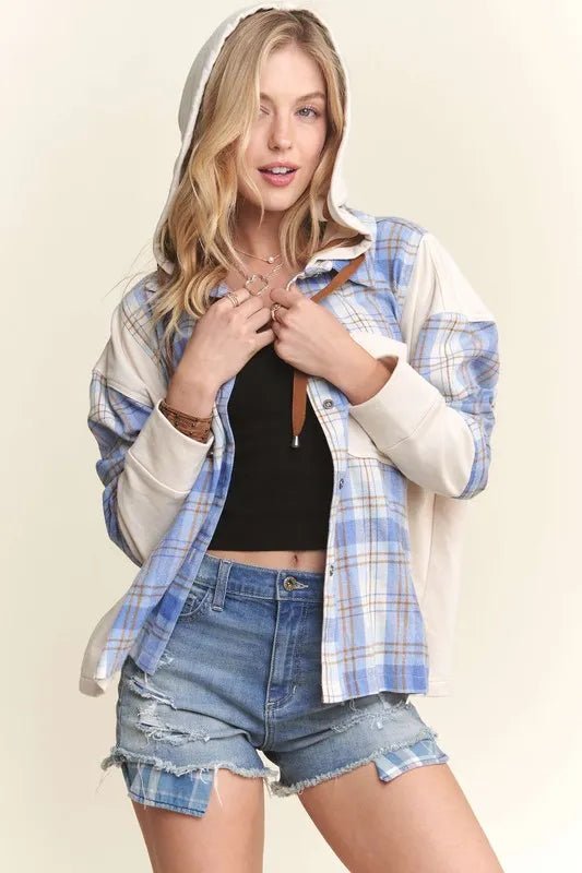 ADORA Button Down Plaid Hoodie Shacket - Bitsy Gypsy Boutique