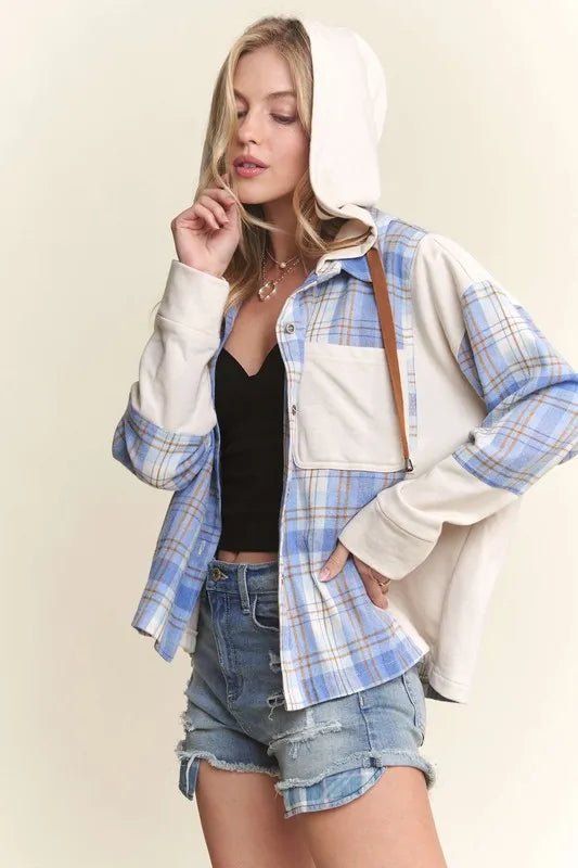 ADORA Button Down Plaid Hoodie Shacket - Bitsy Gypsy Boutique