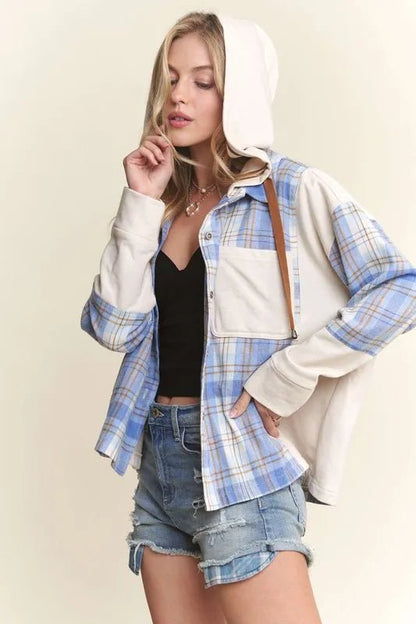 ADORA Button Down Plaid Hoodie Shacket - Bitsy Gypsy Boutique