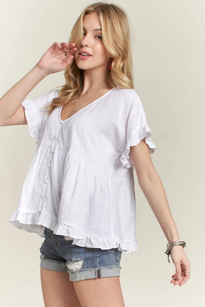 ADORA Button Down Ruffled Babydoll Blouse - Bitsy Gypsy Boutique