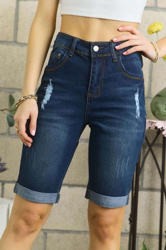 ADORA Distressed Denim Shorts with Pockets - Bitsy Gypsy Boutique