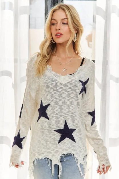 ADORA Distressed Star Sweater Top - Bitsy Gypsy Boutique
