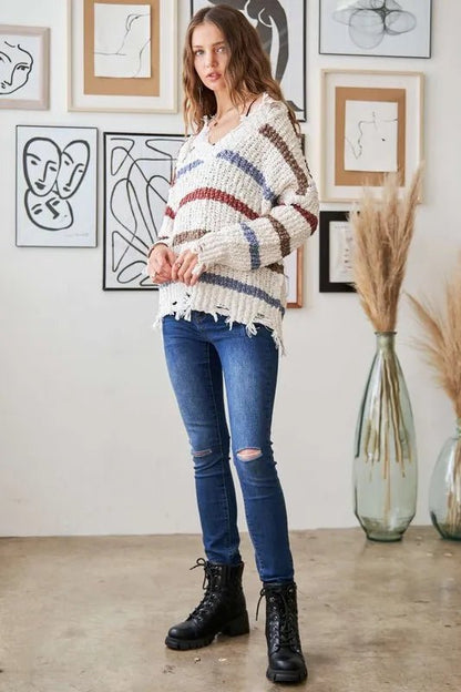 ADORA Frayed Edge Stripe Sweater - Bitsy Gypsy Boutique