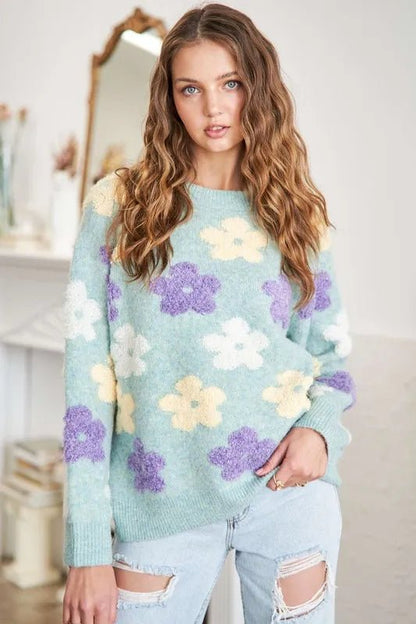 ADORA Full Size Floral Popped 2 - Tone Sweater Top Plus Size - Bitsy Gypsy Boutique