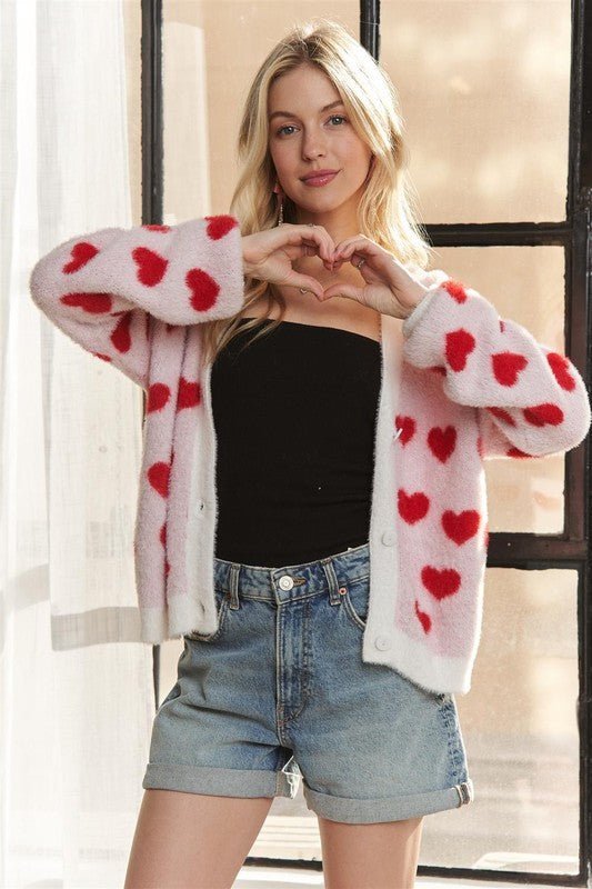 ADORA Fuzzy Heart Button Down Cardigan - Bitsy Gypsy Boutique