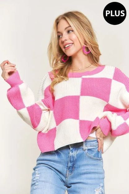 ADORA Plus Size Comfy Checkered Colorblock Sweater Top - Bitsy Gypsy Boutique
