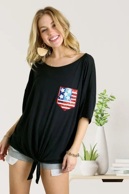 ADORA Sequin US Flag Pocketed Top - Bitsy Gypsy Boutique
