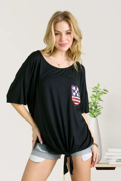 ADORA Sequin US Flag Pocketed Top - Bitsy Gypsy Boutique