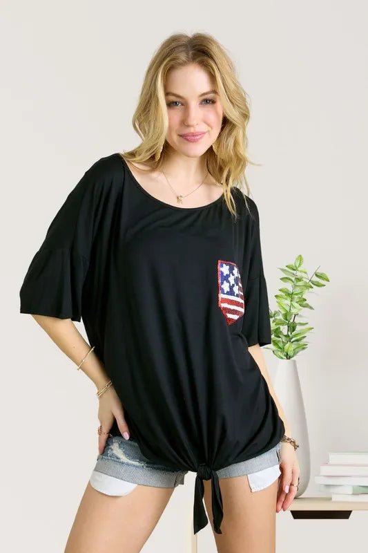 ADORA Sequin US Flag Pocketed Top - Bitsy Gypsy Boutique