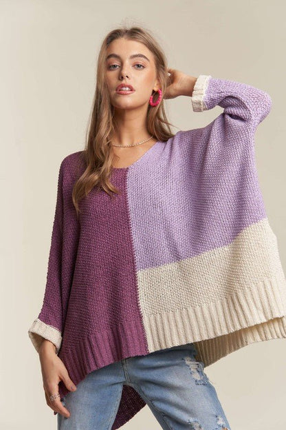 ADORA Side Slit Color Block Long Sleeve Sweater - Bitsy Gypsy Boutique