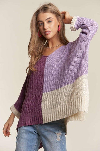 ADORA Side Slit Color Block Long Sleeve Sweater - Bitsy Gypsy Boutique