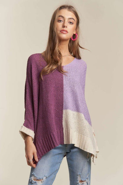 ADORA Side Slit Color Block Long Sleeve Sweater - Bitsy Gypsy Boutique