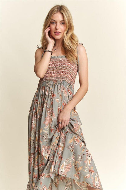 ADORA Smocked Printed Square Neck Tie Shoulder Cami Dress - Bitsy Gypsy Boutique