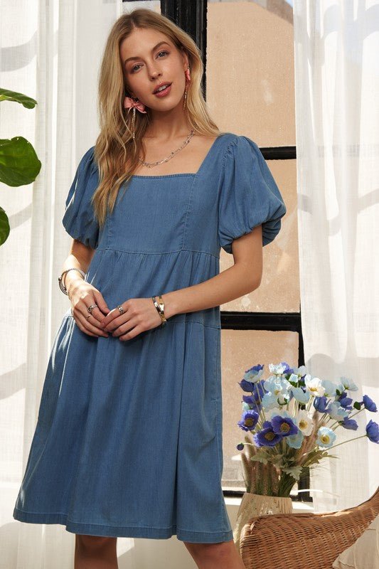 ADORA Square Neck Puff Sleeve Denim Dress - Bitsy Gypsy Boutique