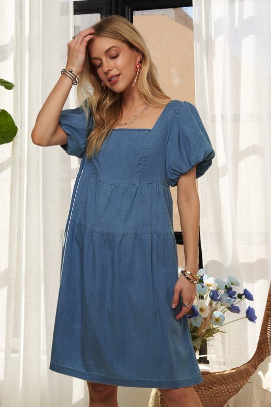 ADORA Square Neck Puff Sleeve Denim Dress - Bitsy Gypsy Boutique