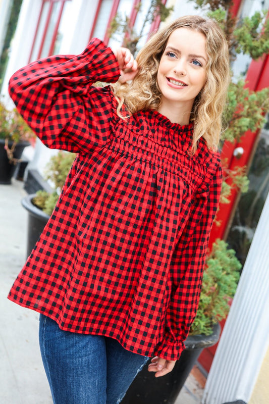 Adorable in Red Gingham Shirred Mock Neck Top - Bitsy Gypsy Boutique