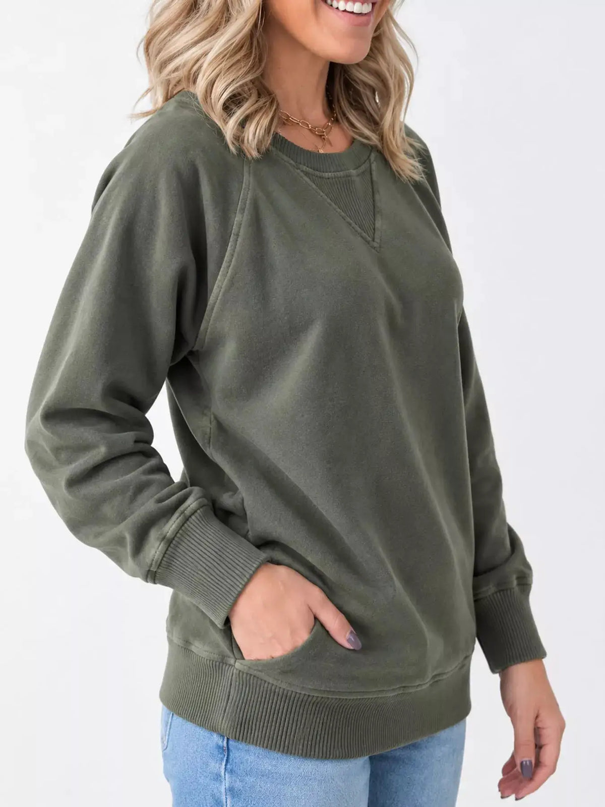 Crew Neck Raglan Sleeve Sweatshirt by Trendsi