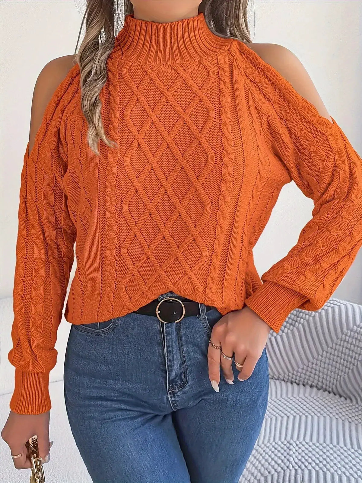 Cold-Shoulder Cable Knit Sweater by Trendsi