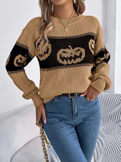 Halloween Pumpkin Pattern Round Neck Sweater by Trendsi
