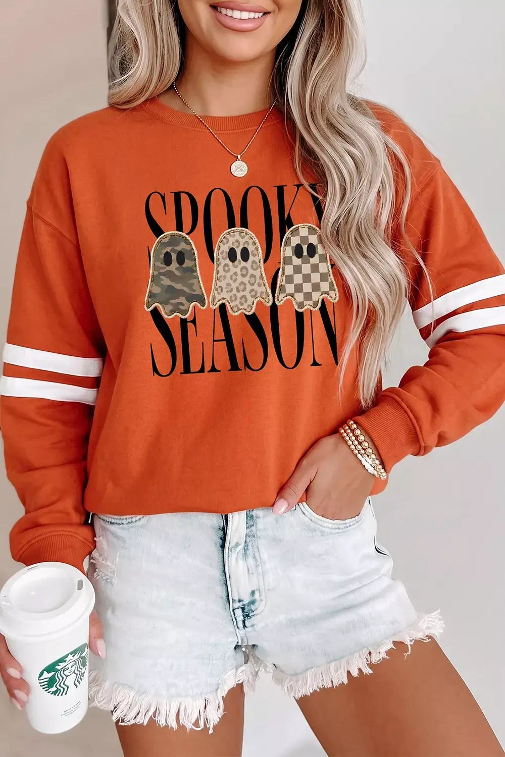 Spooky Season Ghost Graphic Varsity Striped Sleeve Halloween Pullover Sweatshirt by Trendsi
