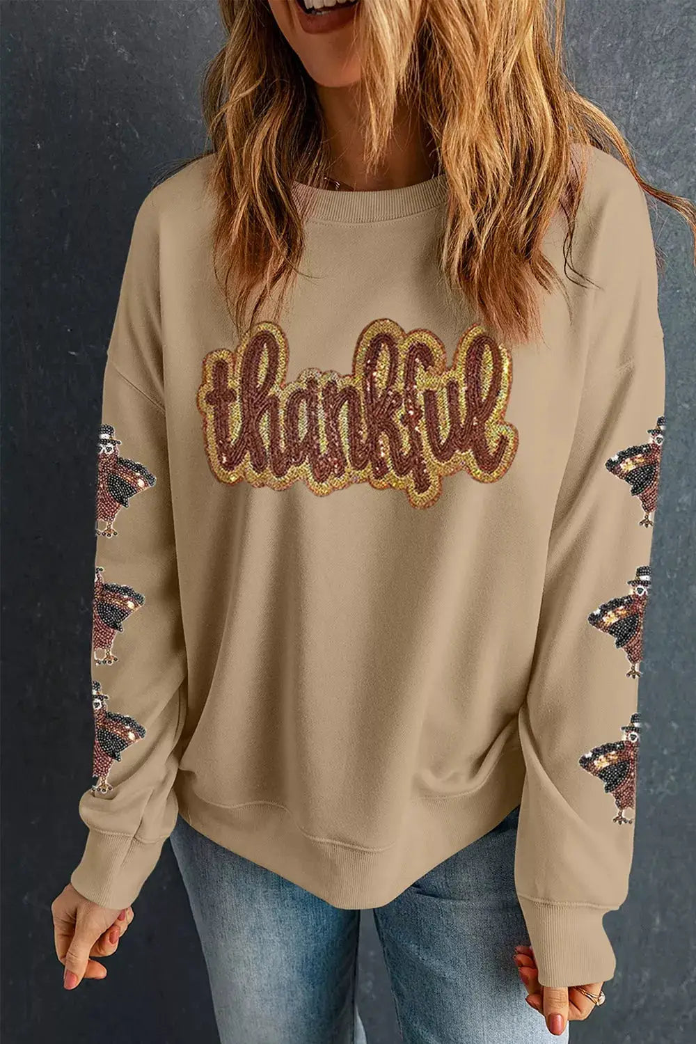 Turkey Season Thankful Sequin Sweatshirt by Trendsi