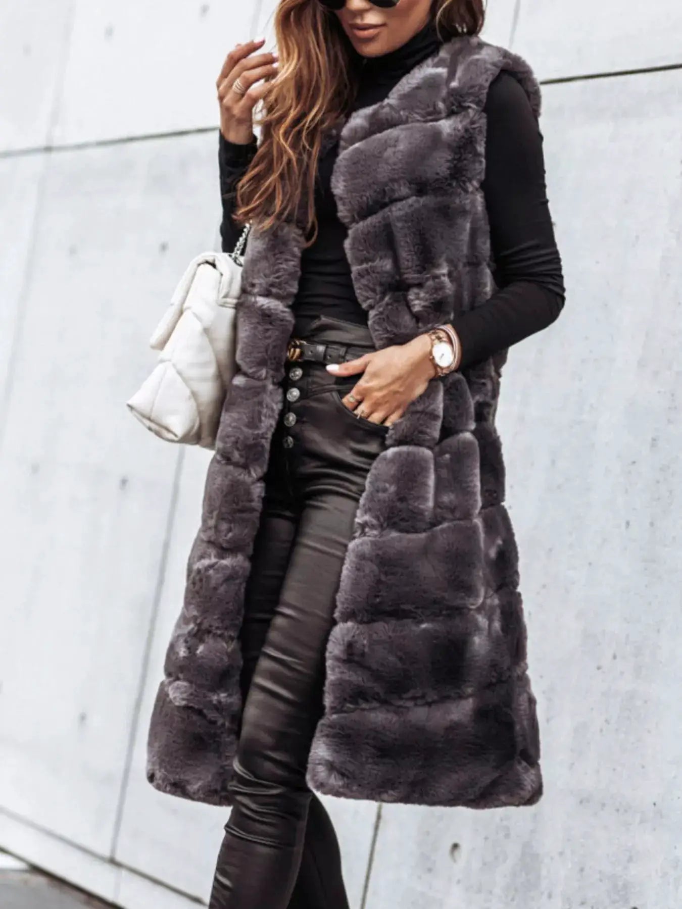 Faux Fur Longline Vest Coat by Trendsi