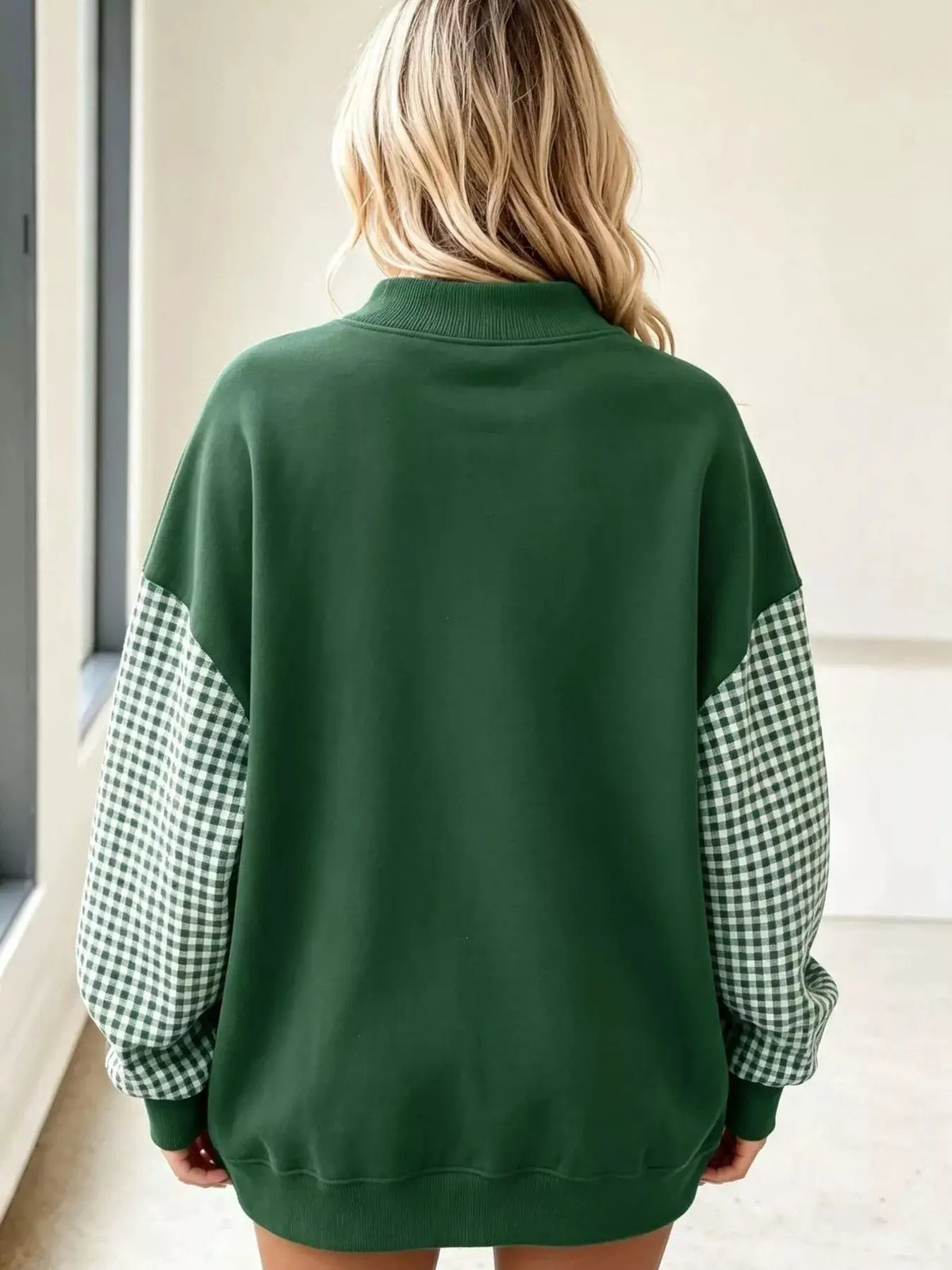 Gingham Sleeves Round Neck Sweatshirt by Trendsi
