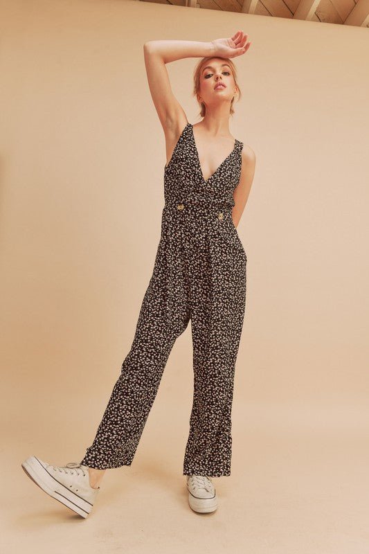 Aemi + Co Ditsy Floral Surplice Sleeveless Wide Leg Jumpsuit - Bitsy Gypsy Boutique