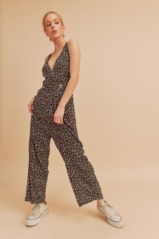 Aemi + Co Ditsy Floral Surplice Sleeveless Wide Leg Jumpsuit - Bitsy Gypsy Boutique