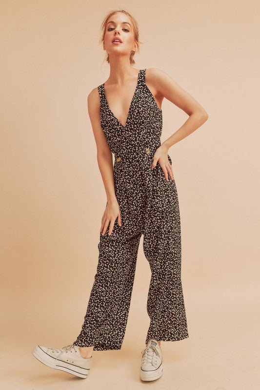 Aemi + Co Ditsy Floral Surplice Sleeveless Wide Leg Jumpsuit - Bitsy Gypsy Boutique