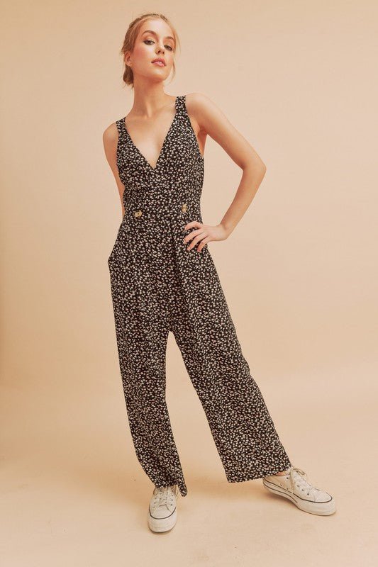 Aemi + Co Ditsy Floral Surplice Sleeveless Wide Leg Jumpsuit - Bitsy Gypsy Boutique