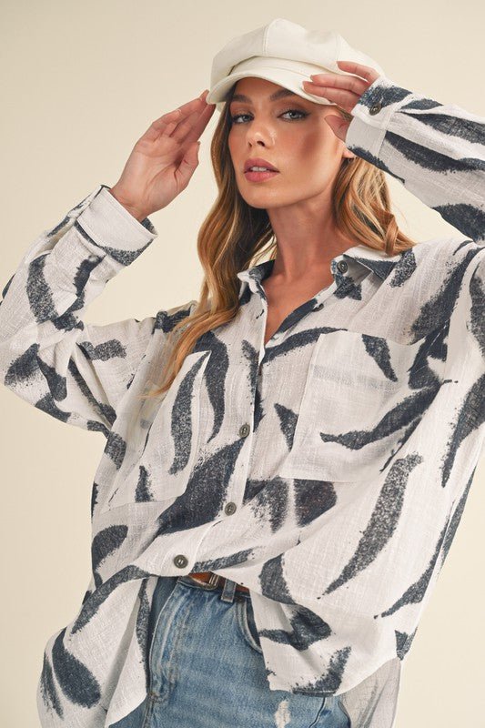 Aemi + Co High - Low Printed Button Up Long Sleeve Shirt - Bitsy Gypsy Boutique