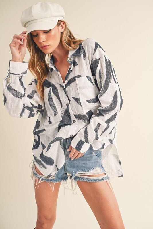 Aemi + Co High - Low Printed Button Up Long Sleeve Shirt - Bitsy Gypsy Boutique