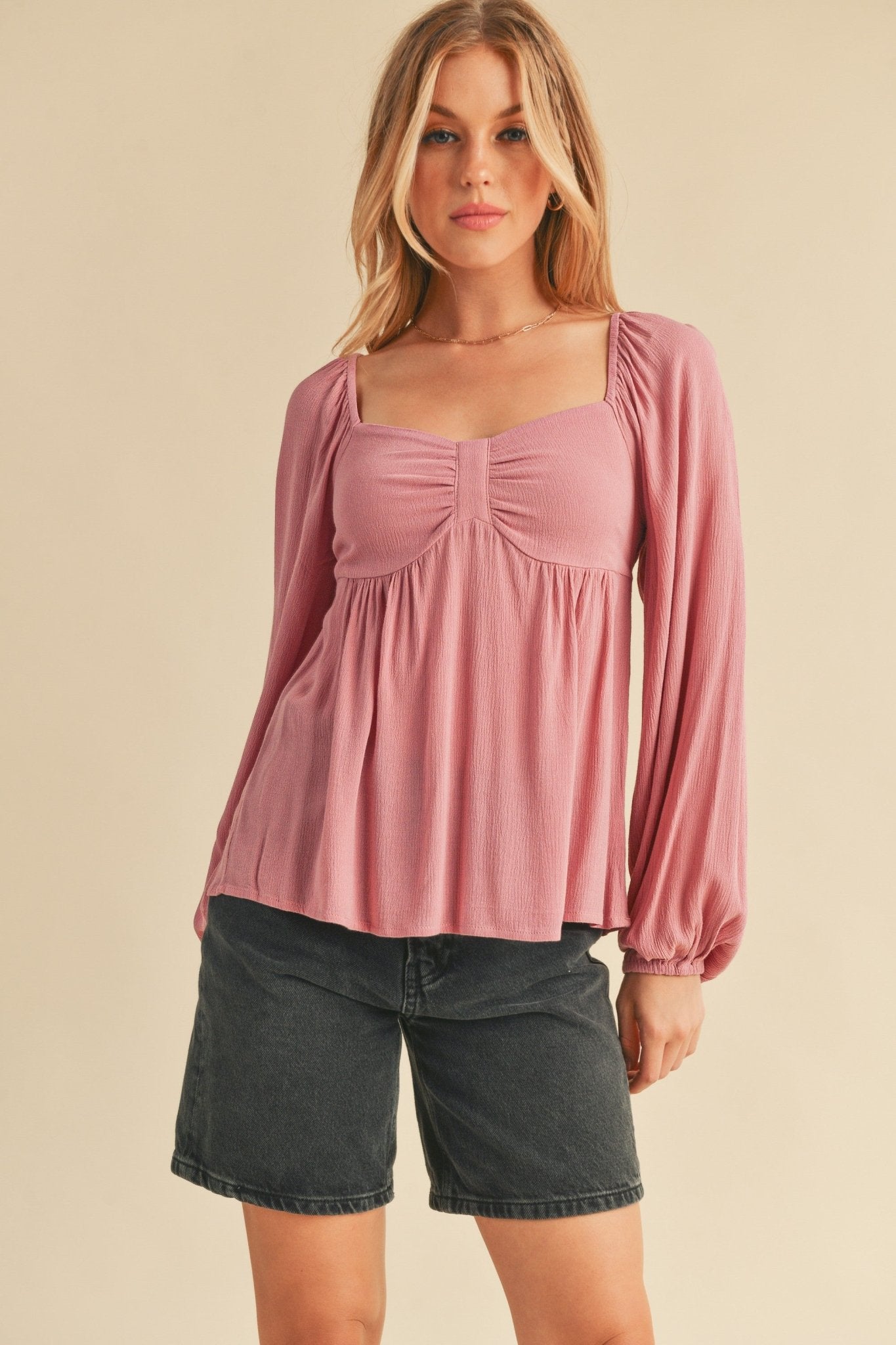 Aemi + Co Ruched Sweetheart Neck Balloon Sleeve Blouse - Bitsy Gypsy Boutique